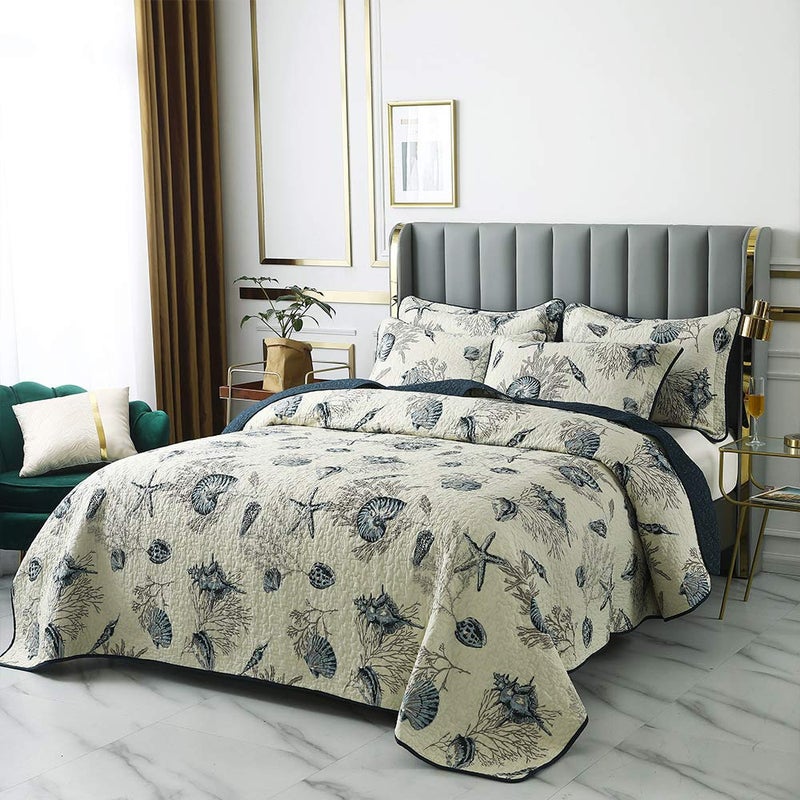 Brandream Coastal Seashell Beach Bedding Quilt Set Nautical Coverlet Set King Size 100% Cotton 3-Piece - Image 3